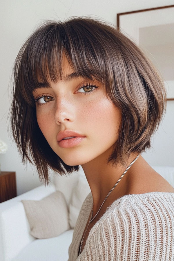 Effortless Layered Bob with Wispy Fringe, bob haircuts with fringe, bob hairstyles with bangs