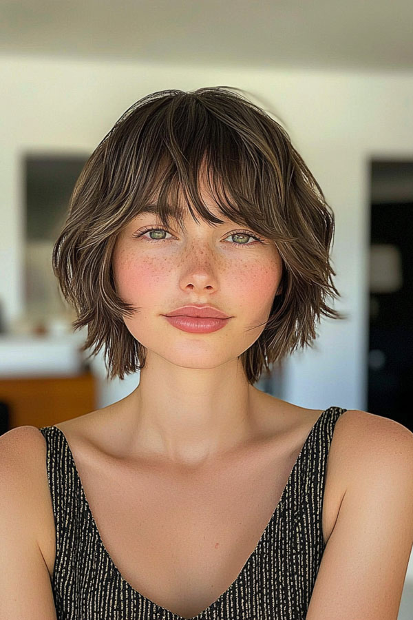 Shaggy Bob with Tousled Layers and Curtain Bangs, bob haircuts with fringe, bob hairstyles with bangs