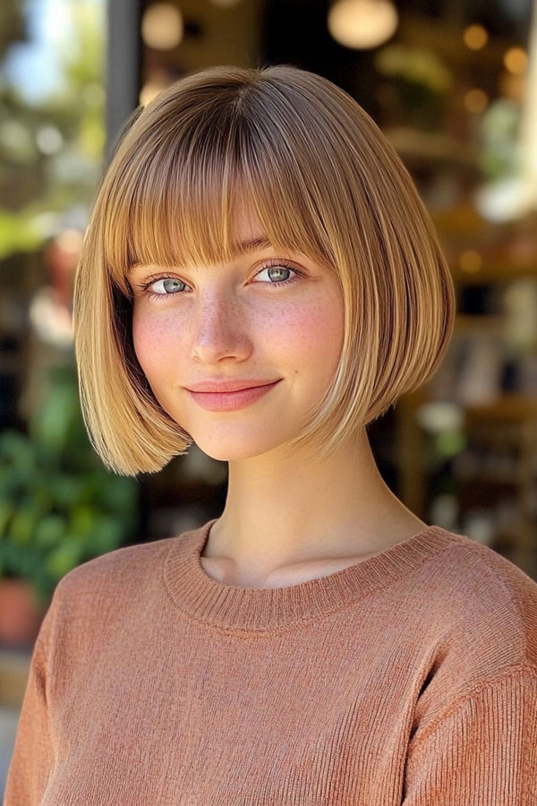 Sleek Blonde Bob with Blunt Fringe, bob haircuts with fringe, bob hairstyles with bangs