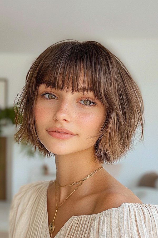 Textured Bob with Feathered Fringe, bob haircuts with fringe, bob hairstyles with bangs