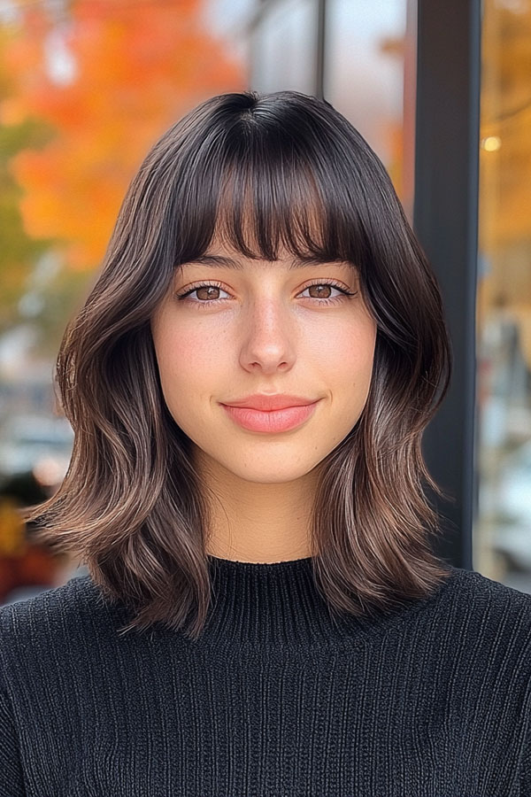 Soft Wavy Bob with Natural Fringe, trendy long bob with fringe, long bob hairstyle with bangs