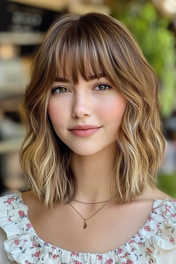 Soft Wavy Bob with Sun-Kissed Highlights, trendy long bob with fringe, long bob hairstyle with bangs