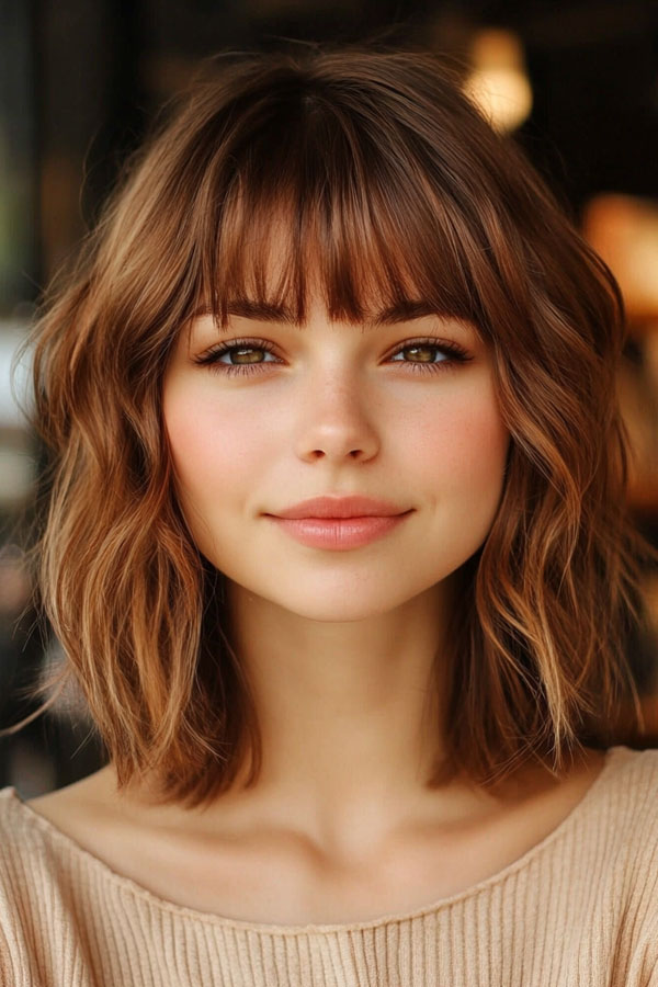 Tousled Caramel Bob with Feathered Fringe, trendy long bob with fringe, long bob hairstyle with bangs