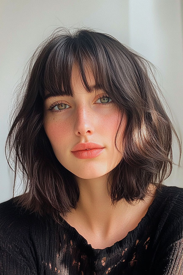 Soft Wavy Bob with Blunt Fringe, trendy long bob with fringe, long bob hairstyle with bangs