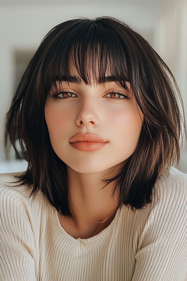 Layered Bob with Wispy Fringe, trendy long bob with fringe, long bob hairstyle with bangs