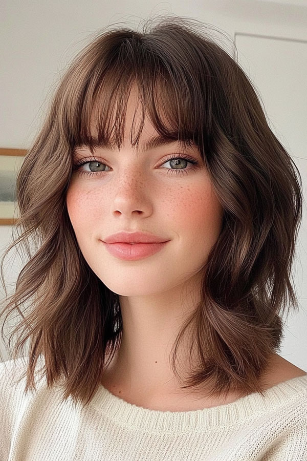 Soft Wavy Bob with Feathered Fringe, trendy long bob with fringe, long bob hairstyle with bangs