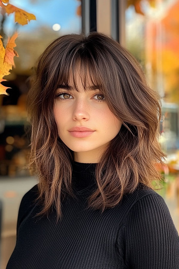 Textured Shaggy Bob with Layered Fringe, trendy long bob with fringe, long bob hairstyle with bangs