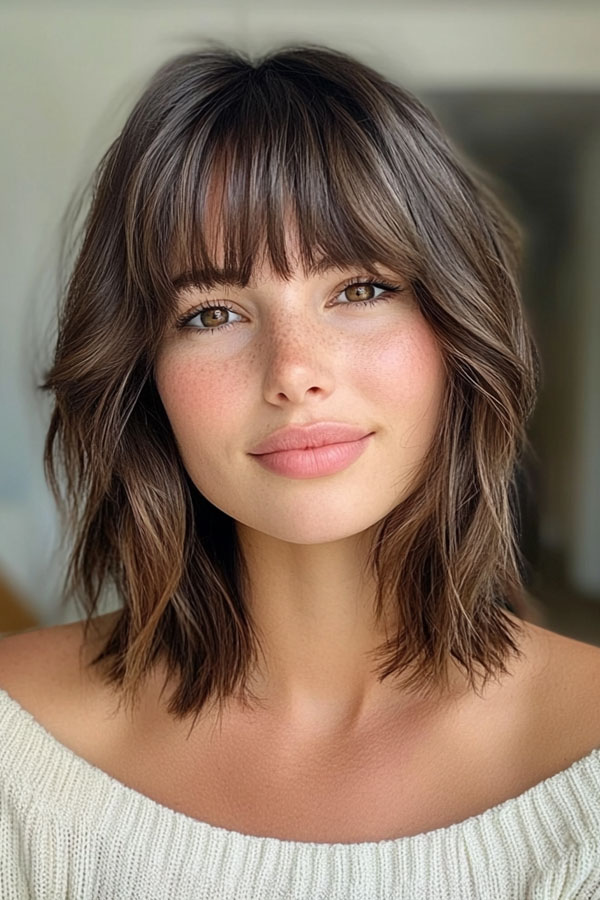 Tousled Brunette Bob with Wispy Fringe, trendy long bob with fringe, long bob hairstyle with bangs