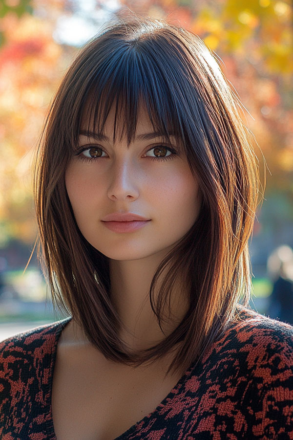 Straight-Edged Bob with Wispy Fringe, trendy long bob with fringe, long bob hairstyle with bangs