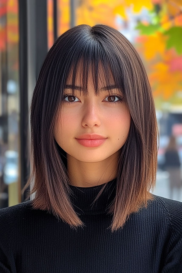 Sleek Layered Bob with Fine Fringe, trendy long bob with fringe, long bob hairstyle with bangs