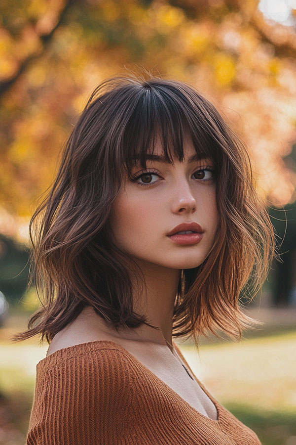 Messy Layered Bob with Wispy Fringe, trendy long bob with fringe, long bob hairstyle with bangs