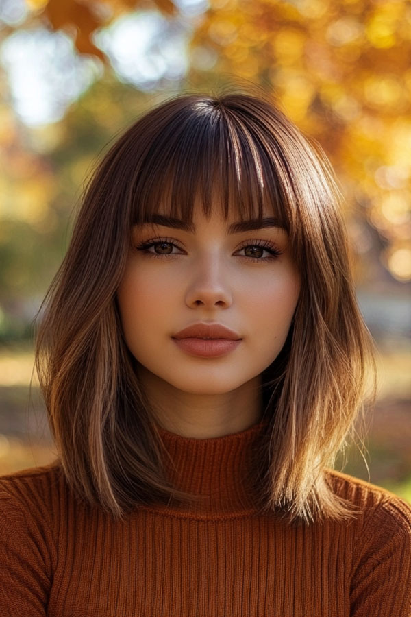 Smooth Chestnut Bob with Full Fringe, trendy long bob with fringe, long bob hairstyle with bangs