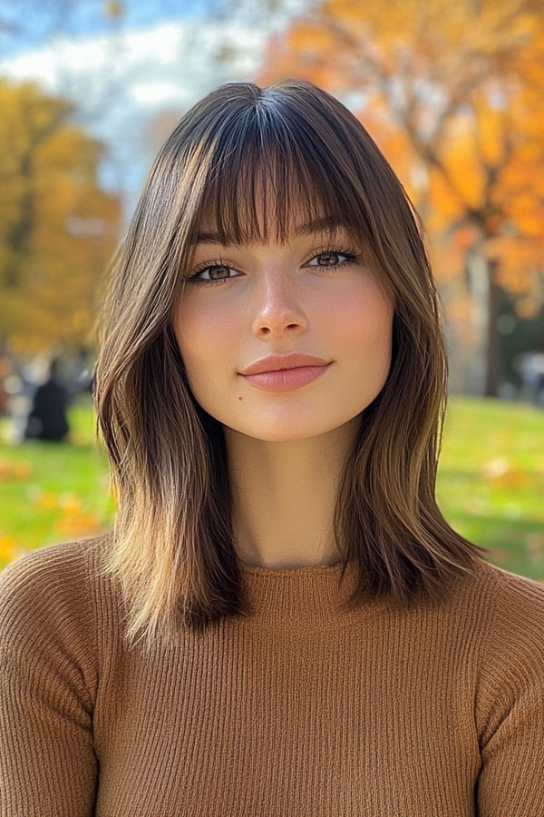 Natural Brunette Bob with Delicate Fringe, trendy long bob with fringe, long bob hairstyle with bangs