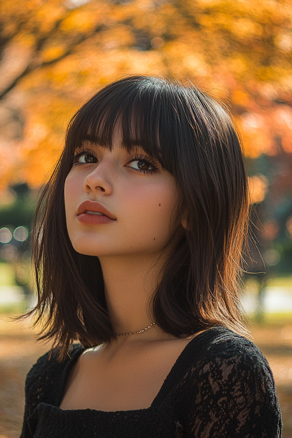 Textured Chocolate Brown Bob with Soft Fringe, trendy long bob with fringe, long bob hairstyle with bangs