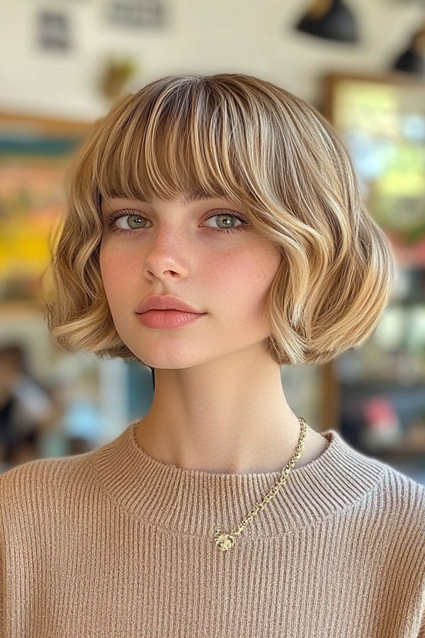 Elegant Wavy Bob with Full Fringe, bob haircuts with fringe, bob hairstyles with bangs