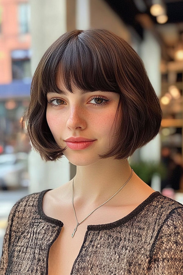 Classic Brunette Bob with Soft Waves, bob haircuts with fringe, bob hairstyles with bangs