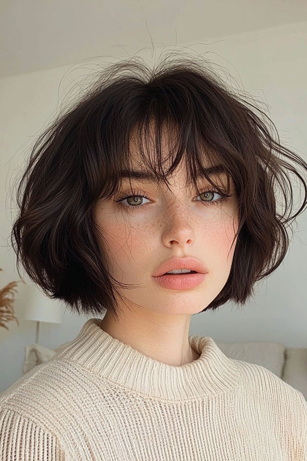 Tousled Bob with Wispy Layers and Curtain Bangs, bob haircuts with fringe, bob hairstyles with bangs