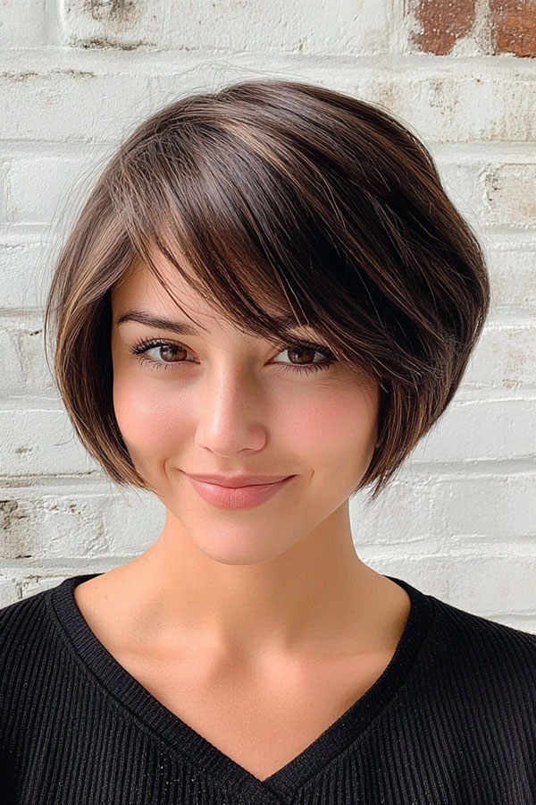 Sleek Espresso Bob with Side-Swept Fringe, bob haircuts with fringe, bob hairstyles with bangs