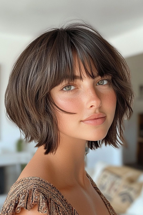 Layered Bob with Soft Volume and Curtain Bangs, bob haircuts with fringe, bob hairstyles with bangs