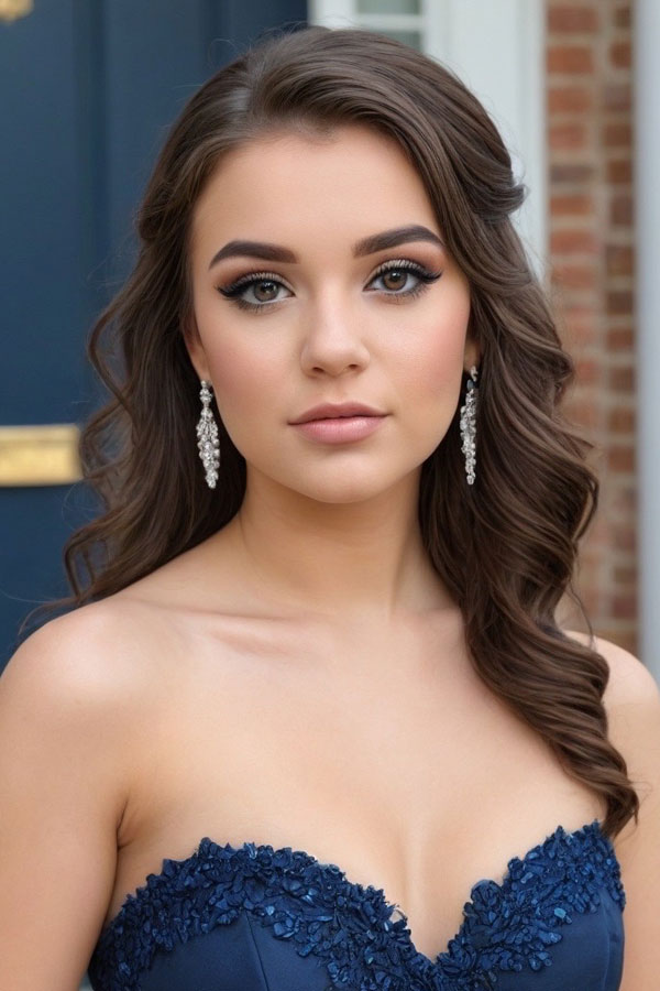 Dramatic Winged Eyeliner & Midnight Blue Dress, prom makeup look, prom hairstyle and makeup look