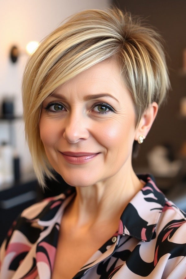 Asymmetrical Blonde Pixie, short haircut for women over 50