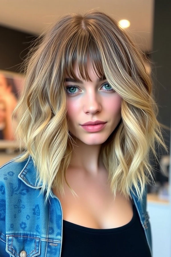 Beachy Waves with Shaggy Bangs, shoulder length shag with bangs, shoulder length haircut with fringe