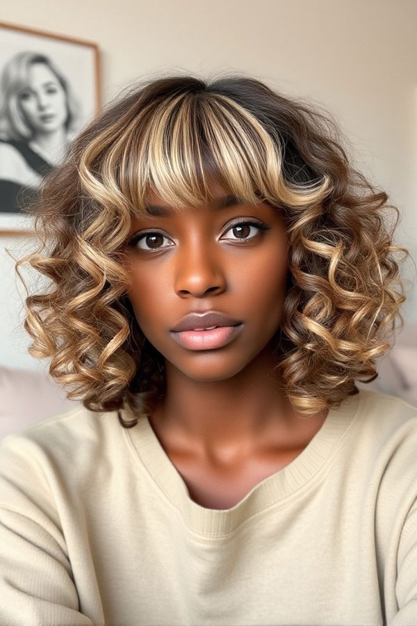 Blonde Highlights with Curly Fringe, curly haircut with fringe, curly hairstyle with bangs