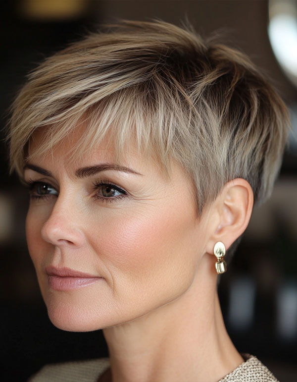 Blonde Wispy Layered Pixie, pixie haircut for women over 50