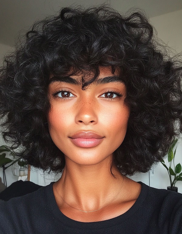 Bold Black Curls with Soft Fringe, curly haircut with fringe, curly hairstyle with bangs