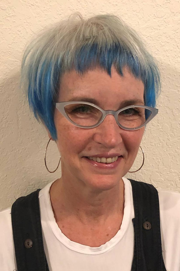 Bold Blue Fringe Pixie, low-maintenance choppy pixie haircut for women over 50