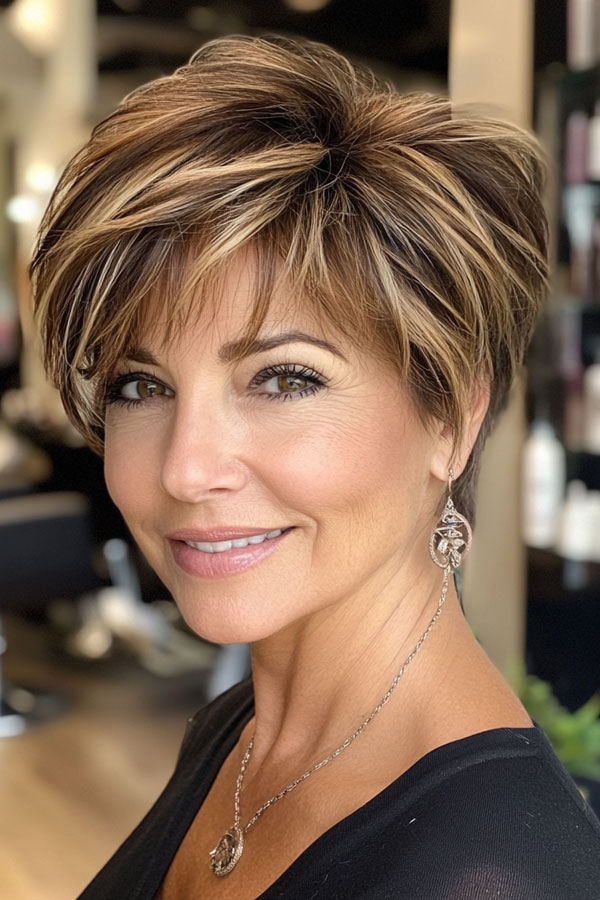 Bold Highlighted Choppy Pixie, low-maintenance choppy pixie haircut for women over 50