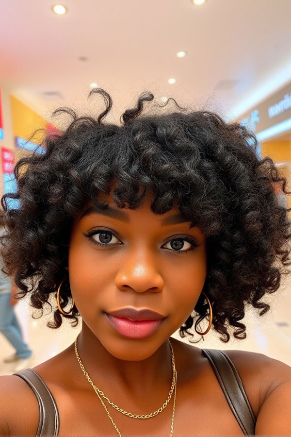 Bouncy Curls with Fringe, curly haircut with fringe, curly hairstyle with bangs