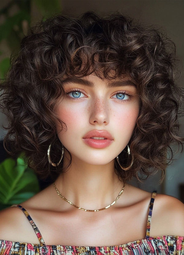 Brunette Romantic Curls with Wispy Bangs, curly haircut with fringe, curly hairstyle with bangs