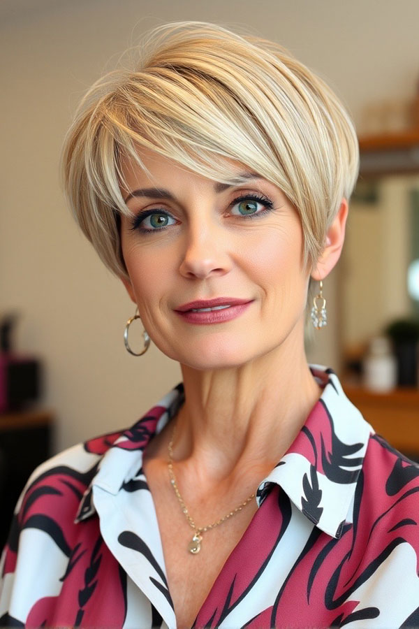 Chic Blonde Bixie with Fringe, short haircut for women over 50