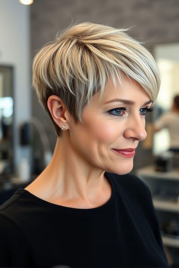 Chic Blonde Pixie with Side Fringe, pixie haircut for women over 50