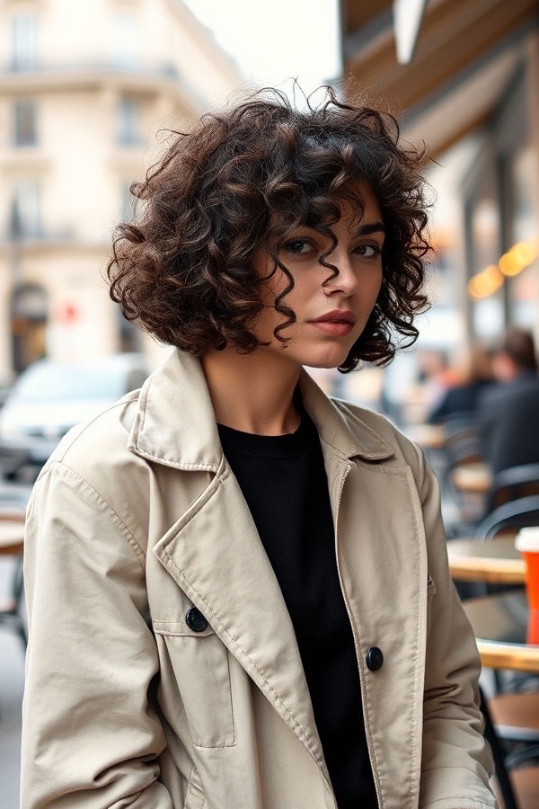 Chocolate Brown Tousled Curly Bob, natural curly hairstyle, curly bob haircut