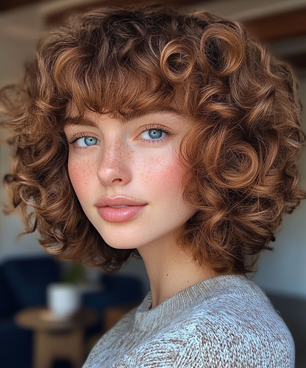 Classic Auburn Curls with Full Bangs, curly haircut with fringe, curly hairstyle with bangs