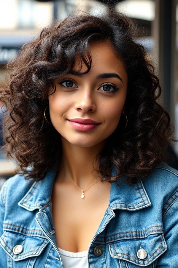 Classic Dark Curls with Side-Swept Bangs, natural curly hair with bangs