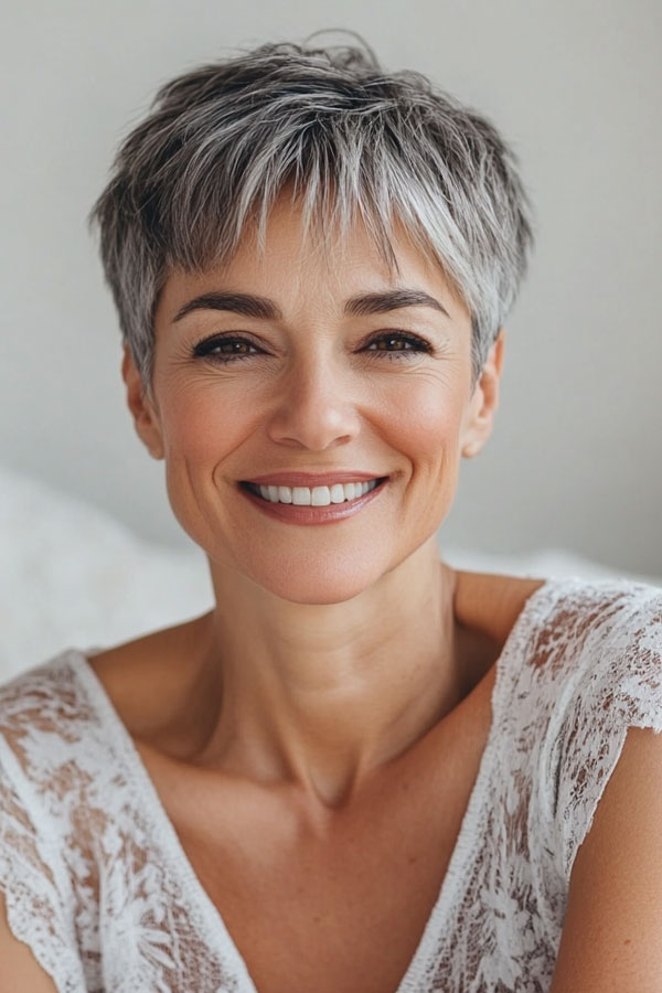 Classic Silver Choppy Pixie, low-maintenance choppy pixie haircut for women over 50