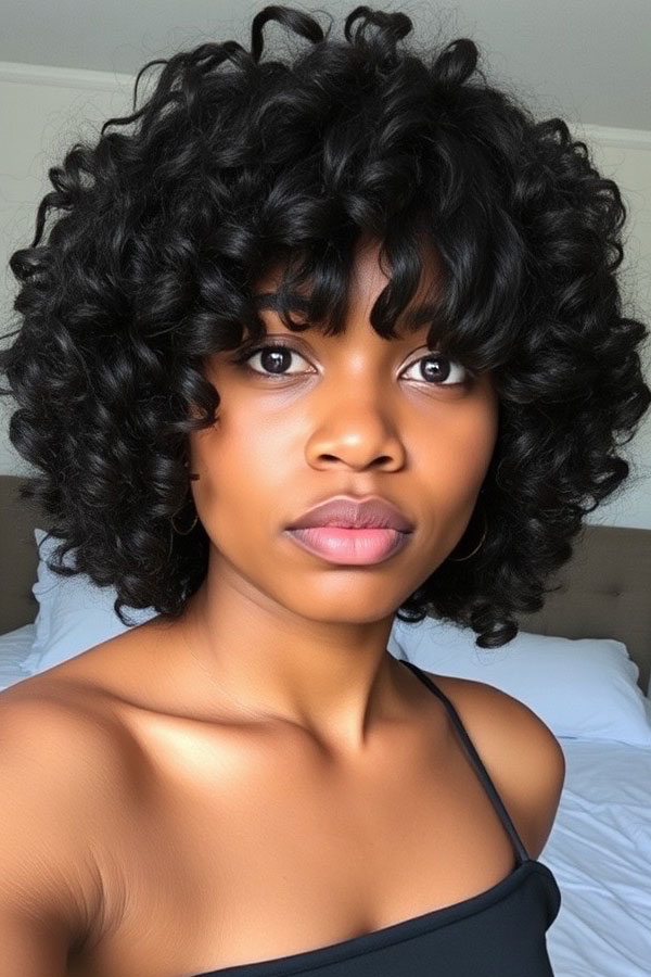 Classic Voluminous Curls with Fringe, curly haircut with fringe, curly hairstyle with bangs