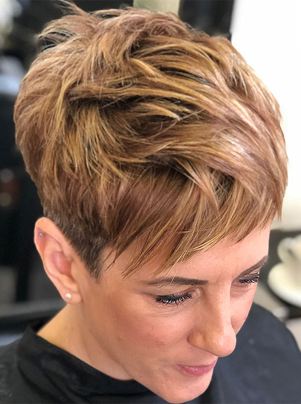 Copper-Toned Choppy Pixie, low-maintenance choppy pixie haircut for women over 50