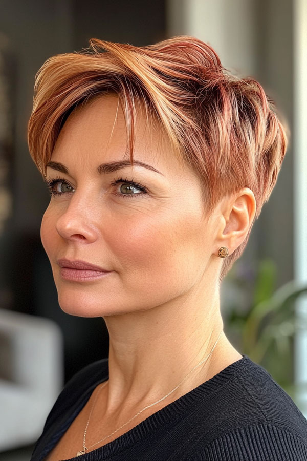 Copper-Toned Layered Pixie, short haircut for woman over 50