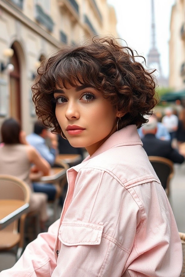 Curly Bob with Feathered Bangs, natural curly hairstyle, curly bob haircut