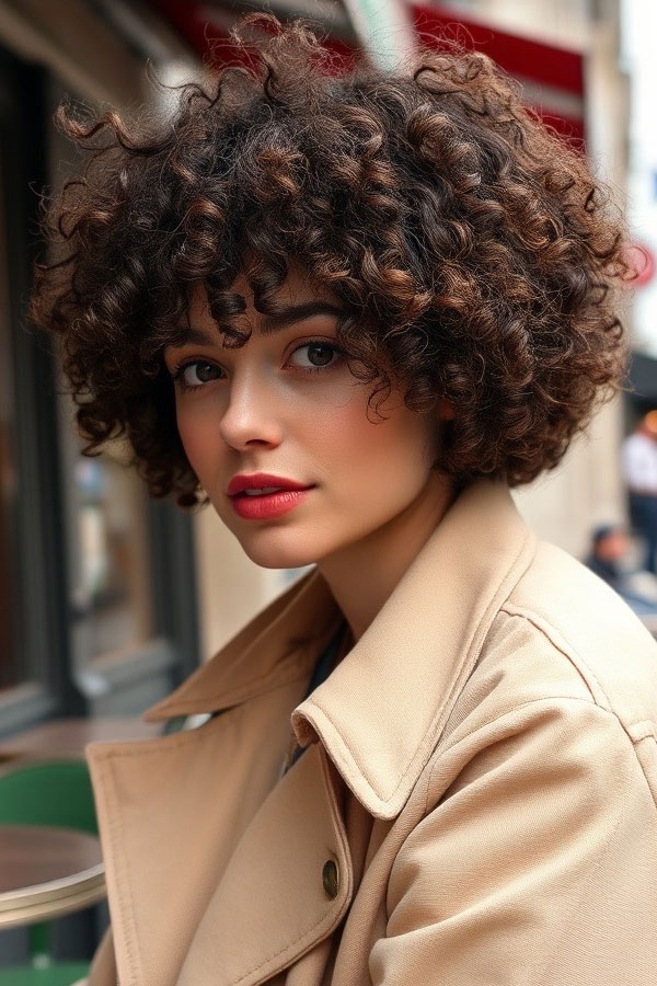 Curly Bob with Full Bangs, natural curly hairstyle, curly bob haircut