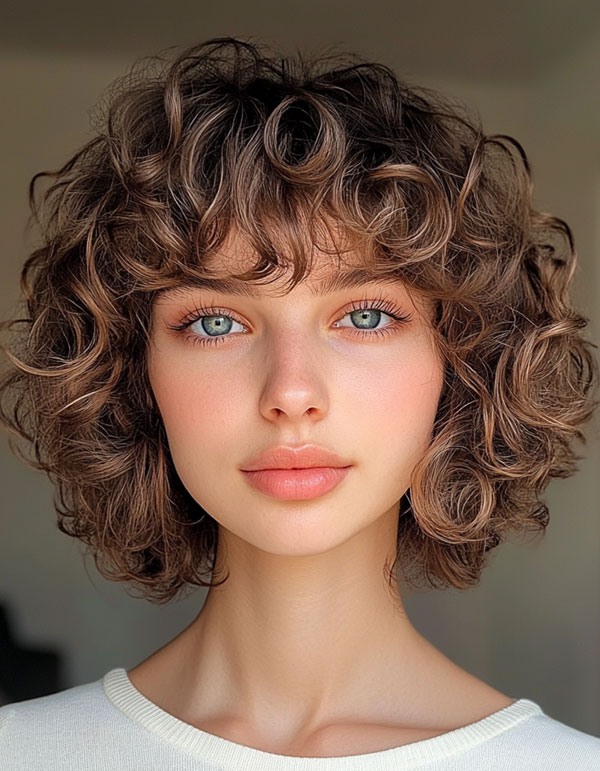 Curly Shag with Bangs, natural curly hairstyle, curly bob haircut