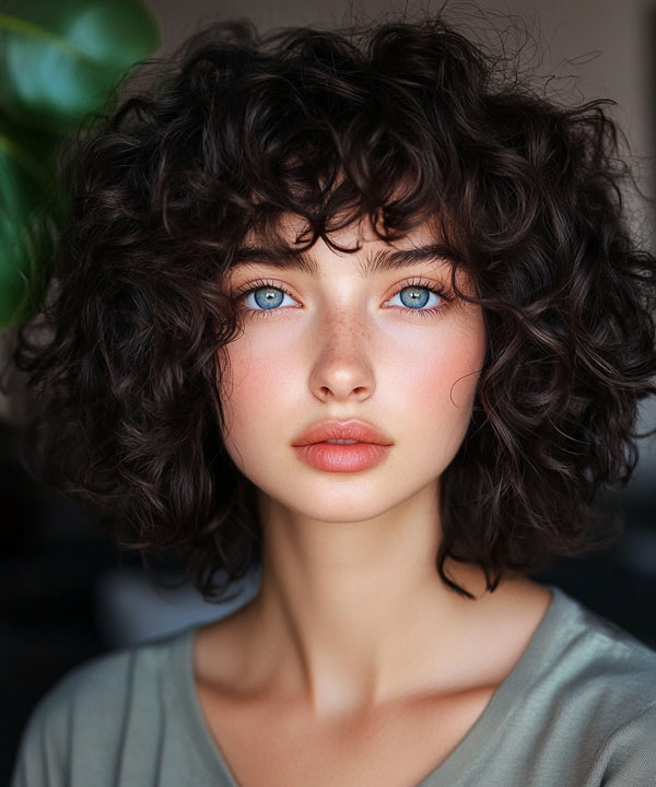 Deep Brunette Curls with Subtle Bangs, curly haircut with fringe, curly hairstyle with bangs