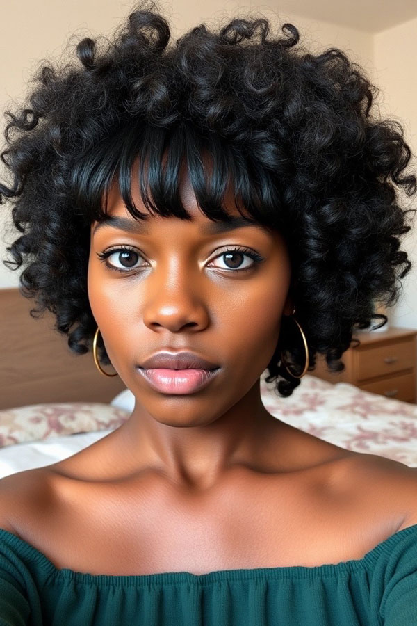 Defined Curls with Sleek Fringe, curly haircut with fringe, curly hairstyle with bangs