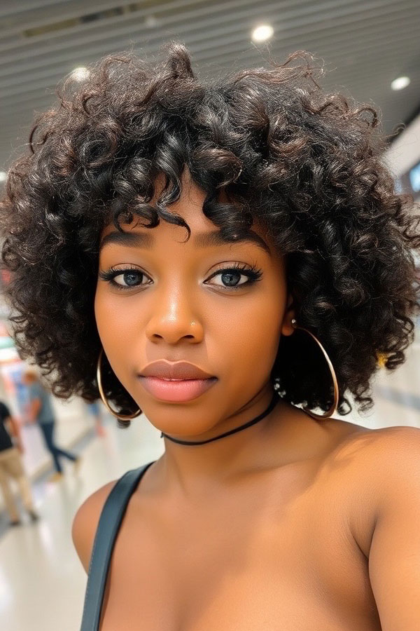 Defined Curly Bob with Face-Framing Bangs, curly haircut with fringe, curly hairstyle with bangs