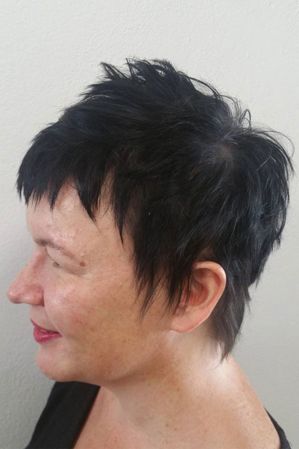 Edgy Black Choppy Pixie, low-maintenance choppy pixie haircut for women over 50