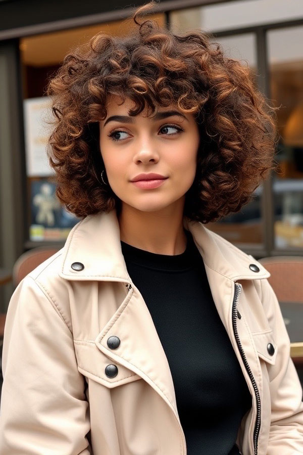 Effortlessly Chic Curls with Bangs, , natural curly hairstyle, curly bob haircut